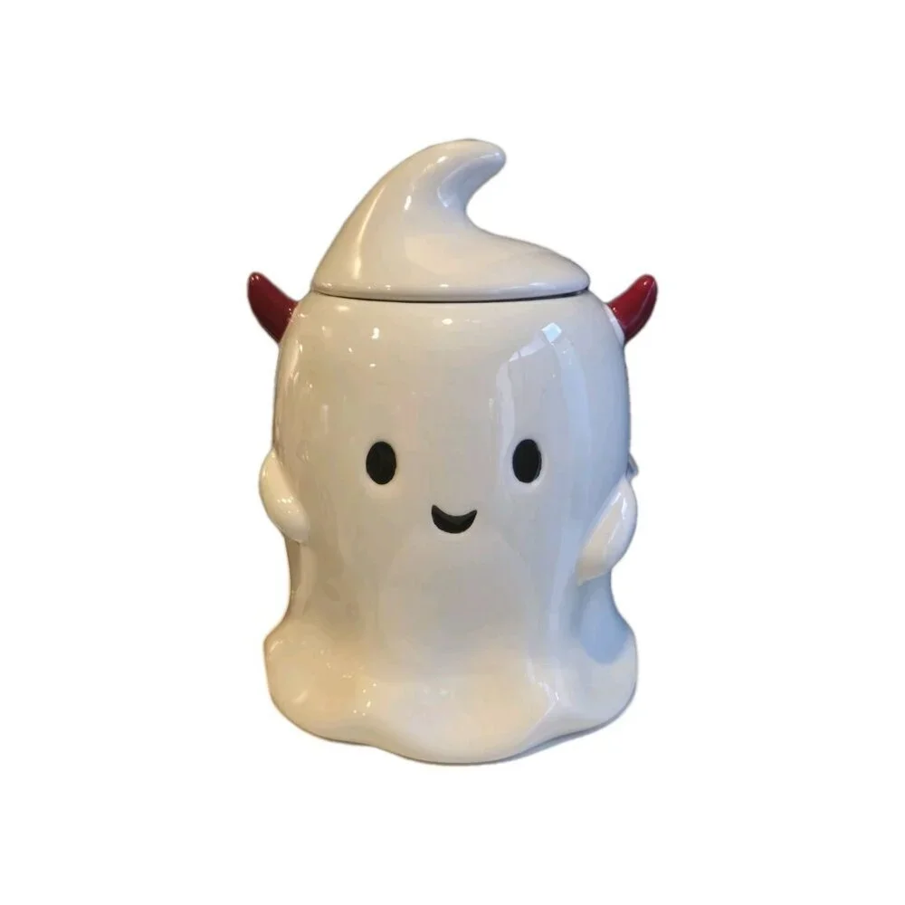 New Halloween Spooky Ceramic Devil Ghost W/ Horns Cookie Jar Decorative